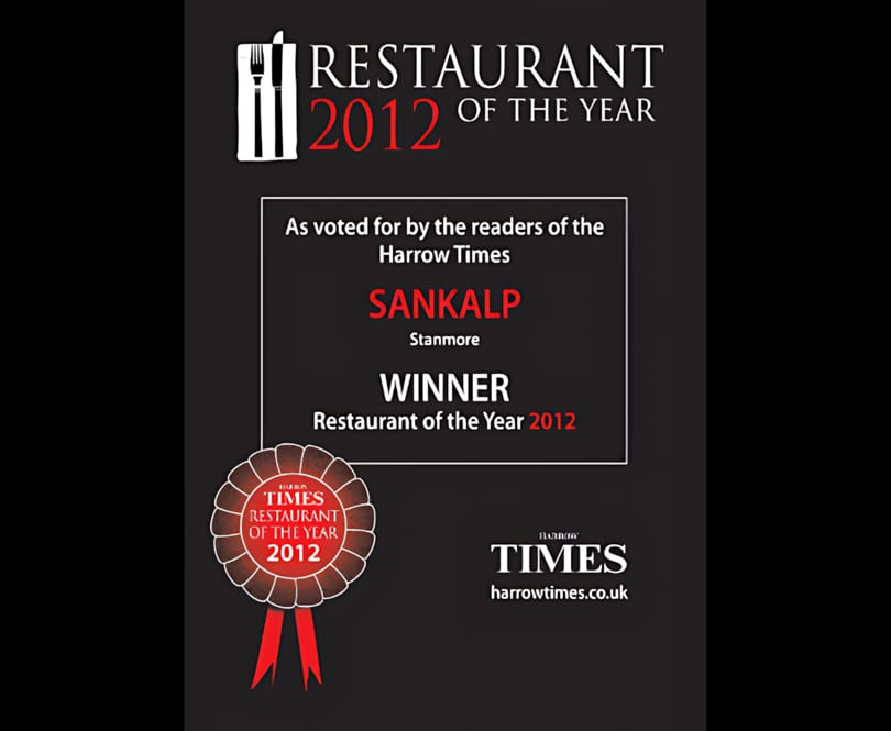 Sankalp Stanmore's "Restaurant of the Year 2012" award from the Harrow Times.