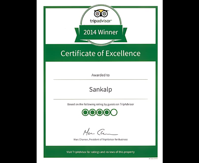 TripAdvisor Certificate of Excellence 2014 awarded to Sankalp, with a 5-star rating.