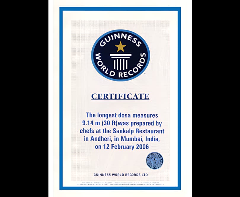 Guinness World Records certificate for the longest dosa, 9.14m, prepared by Sankalp Restaurant.