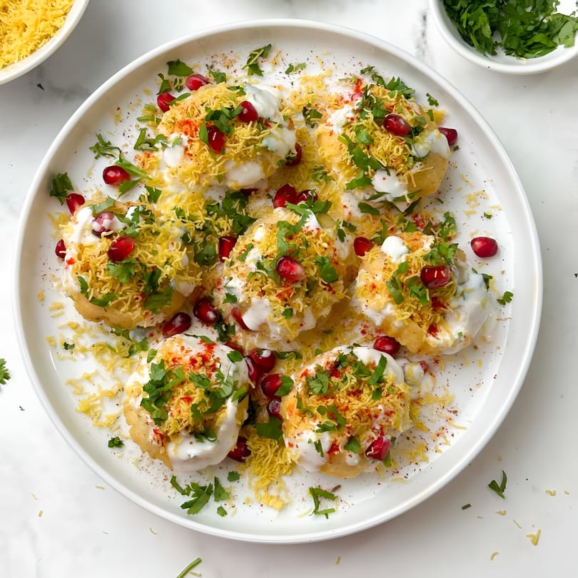 A white plate holds six dahi puri, topped with yogurt, sev, cilantro, and pomegranate seeds.