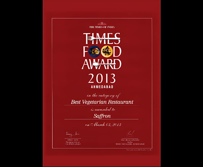 Times Food Award 2013 certificate for Best Vegetarian Restaurant awarded to Saffron.
