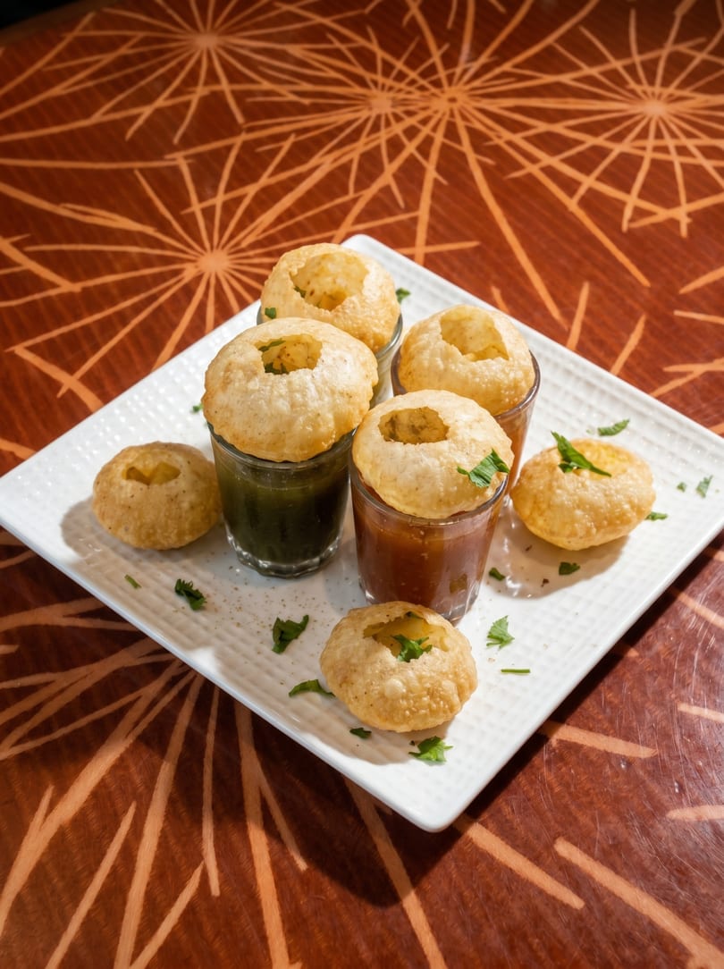 Pani Puri, an Indian street food, served in shot glasses with different flavored waters on a white plate.