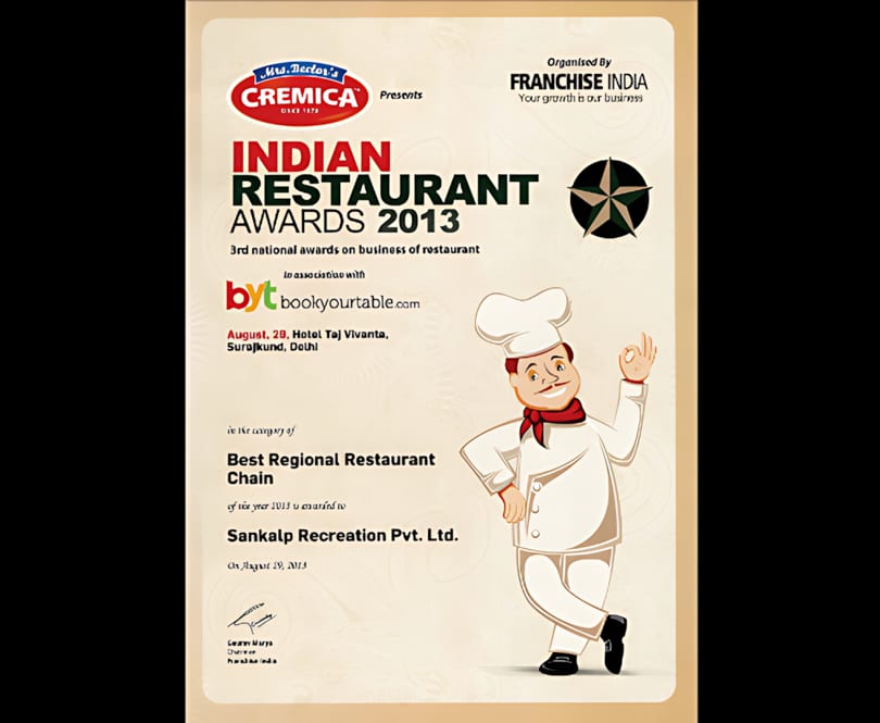 Award certificate for "Best Regional Restaurant Chain" from the Indian Restaurant Awards 2013.
