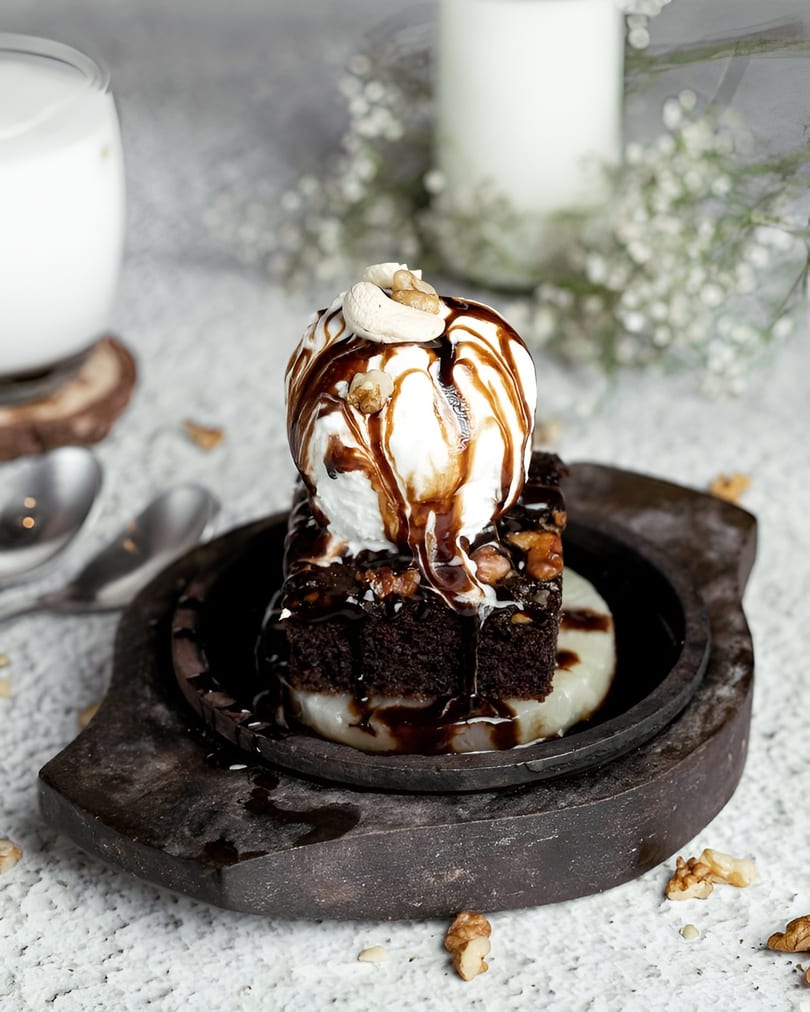 Chocolate brownie with vanilla ice cream, chocolate syrup, and nuts on a sizzling plate.