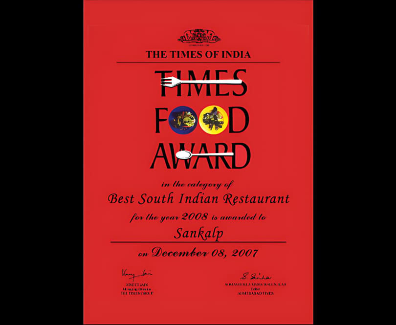 Red Times Food Award certificate for Sankalp, Best South Indian Restaurant in 2008.